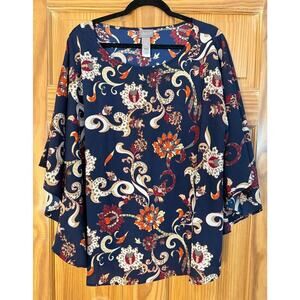 Chico's Size L/XL Navy Blouse Printed Short Sleeves Fun Fall Colors